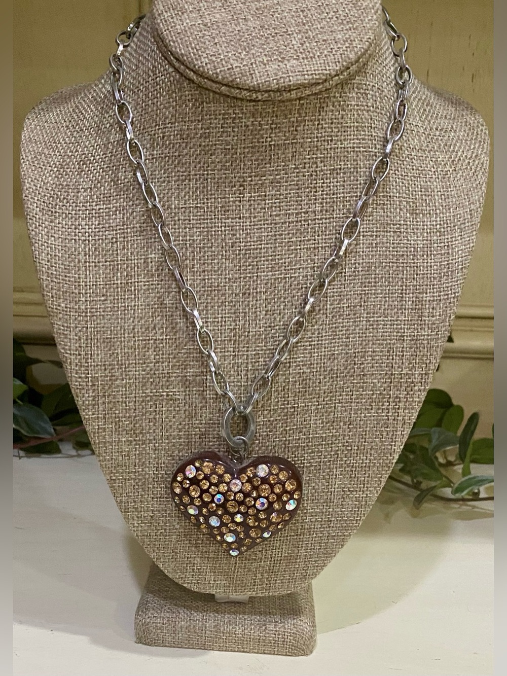 Brown Rhinestone Heart Pendant Necklace Topaz AB Crystal Statement 9-12”